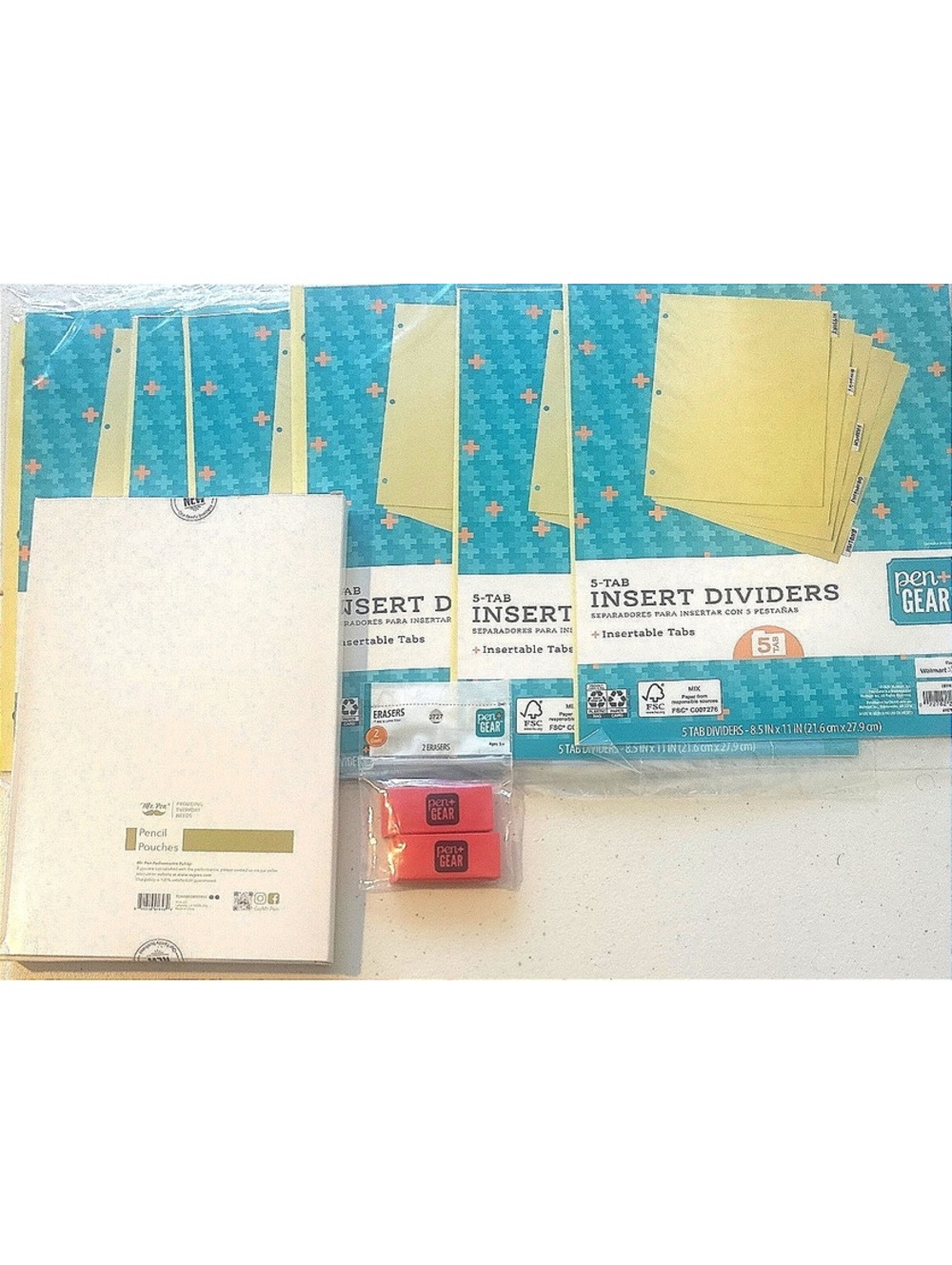 6 Sets Pen & Gear Standard 5 Tab Dividers, Erasers & Pencil Pouches Sealed New
